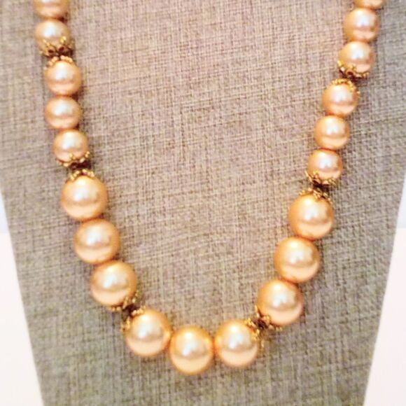 Vintage Jewelry - Vintage Chunky Gold Accented Graduated Champagne Colored Faux Pearl Necklace